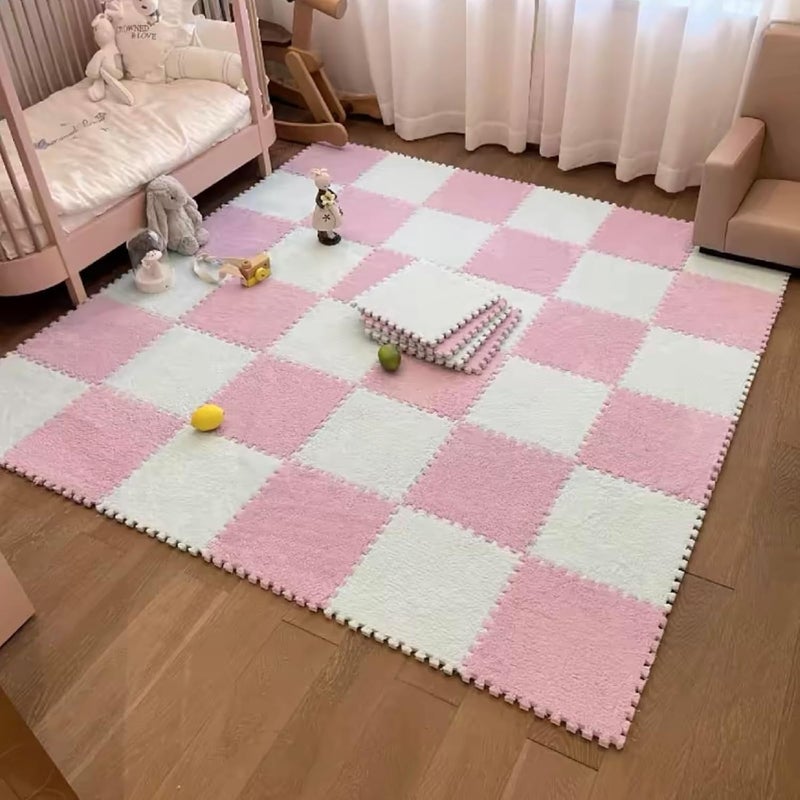 Typutomi 10pcs Plush Puzzle Foam Floor Mat, Soft Fluffy Interlocking Square Foam Tiles Area Rugs Carpet for Parlor Bedroom Decoration(11.8x11.8in, Pink & White) - Image 5